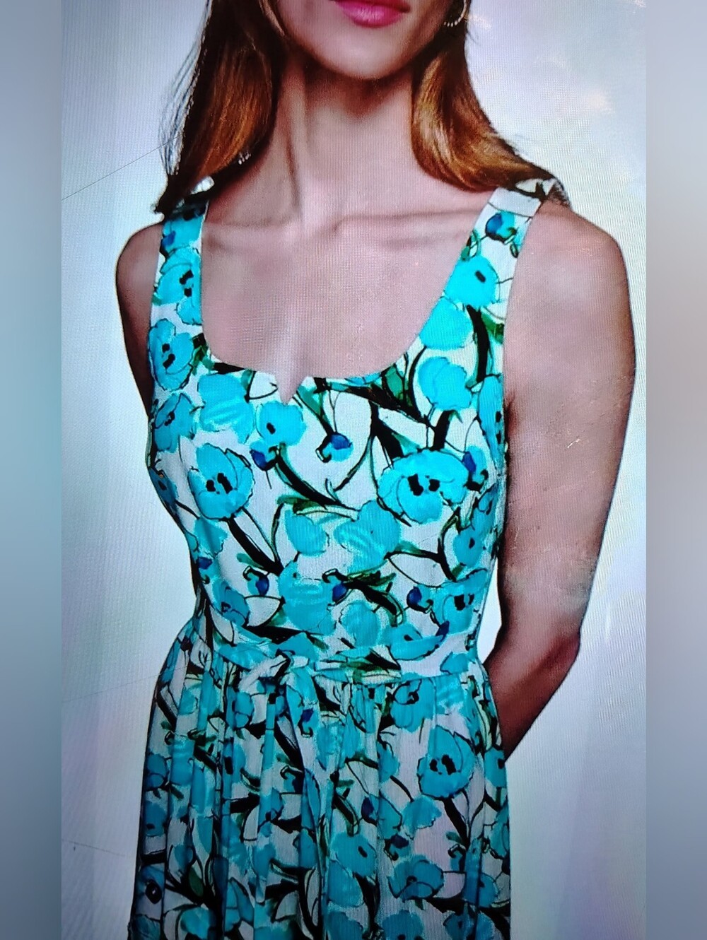 NWOT Karl Lagerfeld Sleeveless Square Neck Tie Waist Midi Dress Blue Floral Sz10